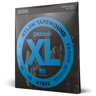 D'Addario Bass Guitar Strings, Tapewound Black Nylon, ETB92, Long Scale, Medium Gauge 50-105, 4-String Set, Pack of 1