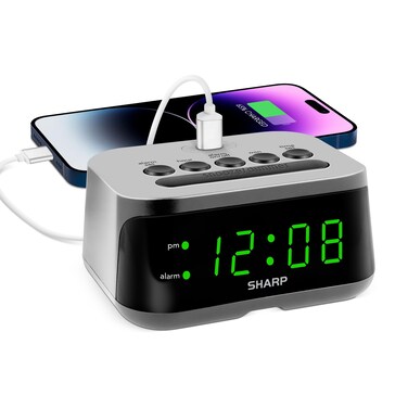 Sharp Digital Alarm Clock with Super Fast USB-C Charge Port &amp; Green LED Display