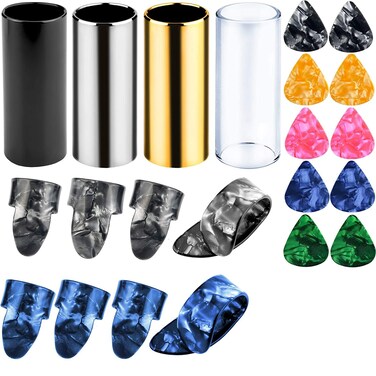 Augshy 4 Pieces Medium Guitar Slides for Acoustic,Stainless Stell Guitar Slides for Electric,Glass Guitar Slide and 8 Pieces Plastic Thumb &amp; Finger Picks Guitar Accessories
