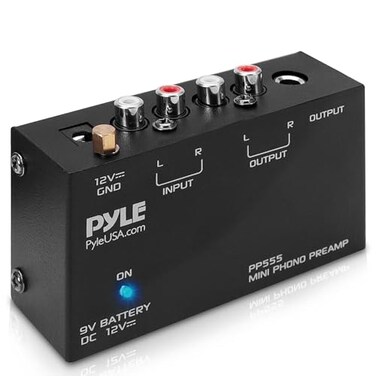 Pyle Phono Turntable Preamp - Mini Electronic Audio Stereo Phonograph Preamplifier with 9V Battery Compartment, Separate DC 12V Power Adapter, RCA Input, RCA Output &amp; Low Noise Operation (PP555) BLACK