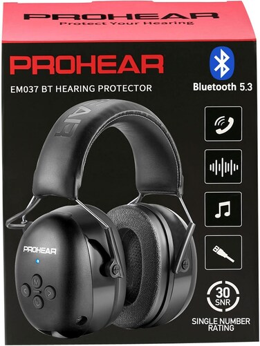 PROHEAR 037 Bluetooth 5.3 Hearing Protection Headphones with Rechargeable 1500mAh Battery, 30dB SNR Safety Noise Reduction Ear Muffs 120H Playtime for Mowing, Workshops, Snowblowing - Black