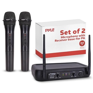 Pyle Channel Microphone System-VHF Fixed Dual Frequency Wireless Set with 2 Handheld Dynamic Transmitter Mics, Receiver Base-for PA, Karaoke, Dj Party (PDWM2135) , Black