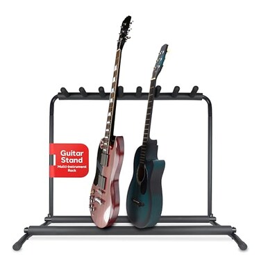 Pyle Multi-Guitar Stand 7 Slot Display Rack - Universal Framework Designed for Electric, Acoustic, Bass Guitars &amp; Cases - Foldable, Portable, and Protective with No-Slip Non-Scratch Padding - Black