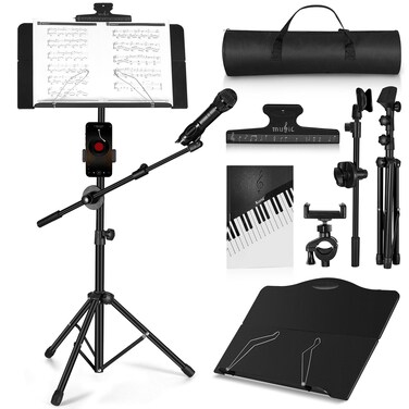Music Stand, Vangoa Folding Sheet Music Stand with Detachable Microphone Stand &amp; Phone Holder, Portable Lightweight with Music Sheet Clip Holder &amp; Carrying Bag for Instrumental Performance