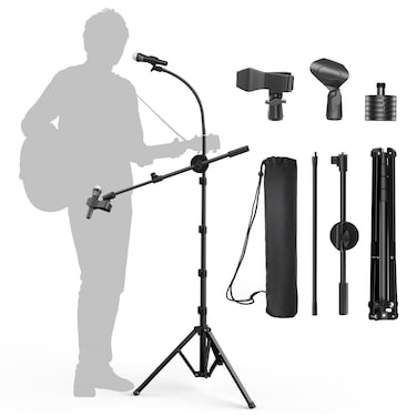 Microphone Tripod Stand, KDD Gooseneck Mic Boom Arm Stand Height Adjustable 30'' - 80'' with Two Mic Clips, Two Mic Arms and 3/8'' to 1/4'' Adapter for Singing, Stage, Black Yeti Snowball, Most Mics