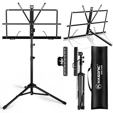 K KASONIC Music Stand, 2 in 1 Dual-Use Folding Sheet Music Stand &amp; Desktop Book Stand, Portable Lightweight with Music Sheet Clip Holder Carrying Bag