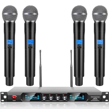innopow 4-Channel Wireless Microphone System, Quad UHF Metal Cordless Mic, 4 Handheld Mics, Long Distance150-200Ft, Fixed Frequency, 16 Hours Use for Karaoke Singing, Church