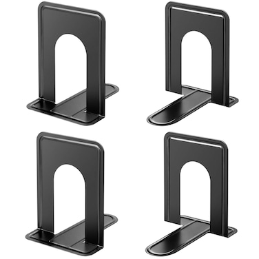MaxGear Premium Matte Painted Book Ends, Heavy Duty and Sturdy Bookends for Shelves, Office Non-Skid Metal Book End Stopper for Books/CDs/DVDs, 6 x 4.6 x 6 in, Black (2 Pairs/4 Pieces, Large)