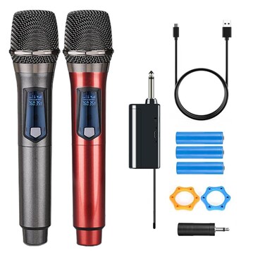 HUACAM Wireless Microphone,Rechargeable Wireless Dual Microphone,Dual Handheld Dynamic Wireless Mic for Karaoke Singing, Wedding, DJ, Party, Speech, Church, Class Use,PA System,200ft,Gray&amp;Red