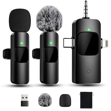 SoPrii 4 in 1 Mini Microphone Wireless Lavalier Microphone for iPhone Android Computer Laptop Camera USB-C,2.4G Ultra-Low Delay,Noise Reduction,Double Lapel Microphone for YouTube TikTok Vlog