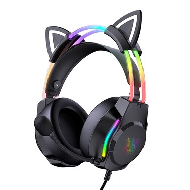 ONITOON Gaming Headset with Microphone, Cat Ear Headphones for PC Laptop PS4 PS5 Xbox Switch, Rainbow RGB Lighting &amp; Virtual Surround Sound, 3.5mm Wired Over Ear Headphones, Ergonomic