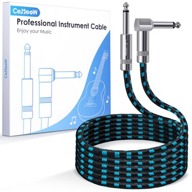CeMeow Guitar Cable 6ft 1/4 Inch Guitar Cord Straight to Right Angle Instrument Cable with Braided Tweed and Anti-Kinking Design for Guitar Bass Amp, Black &amp; Blue