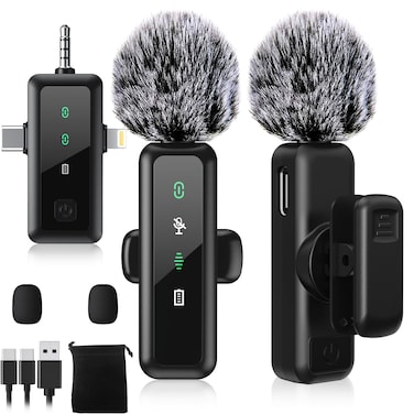 3 IN 1 Wireless Lavalier Microphones for iPhone/Android/Camera Devices(Lightning/USBC/3.5 mm Jack), 2 Pack Mini LED Display Lapel Mic with Mute/Reverb/Noise Reduction for TikTok/YouTube/Vlog Recording