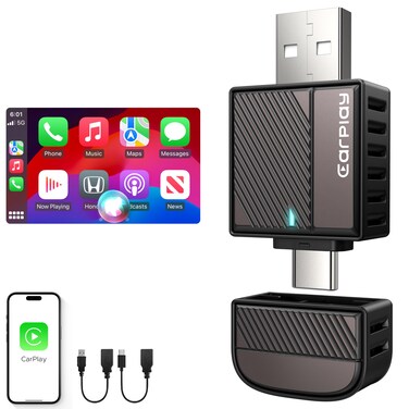 ByteWave CarPlay Wireless Adapter for Apple, Convert Wired to Wireless CarPlay Adapter for iPhone [Mini Size, USB-A &amp; USB-C/Type-C, No Delay, Plug &amp; Play], Compatible with Cars from 2016, Brown