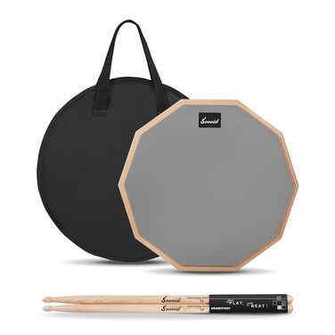 Sovvid 12 Inches Drum Pad and 5A Drum Sticks, Double Sided Snare Drum Practice Pad for Drummers, Silent Practice Drum Pad for Adults and Kids with Storage Bag - Gray