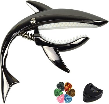 Guitar Capo Shark Shape Guitar Capo Acoustic Capo Electric Guitars Capo Premium Zinc Alloy Guitar Accessories Ukulele Mandolin Banjo Bass (Black with 6 Picks)