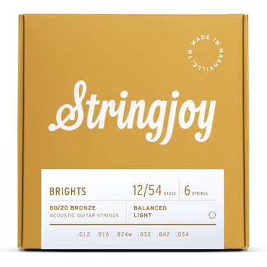 Stringjoy BB1254 Brights 80/20 Bronze Light Acoustic Guitar Strings, 12-54 Light Gauge, Guitar Strings Acoustic 6 String Set, Long-Lasting Tone, Smooth Playability, Premium Guitar Accessories