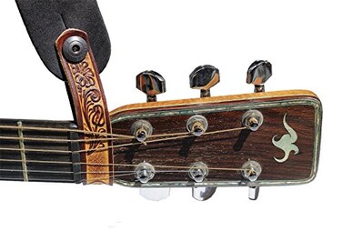Walker &amp; Williams AT-2 Brown Carving Leather Acoustic Guitar Strap Button Headstock Adaptor For Acoustic, Electric, And Bass Guitars