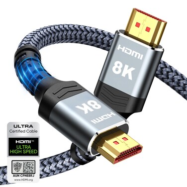 Highwings 8K 10K 4K HDMI Cable 48Gbps 6.6FT/2M, Certified Ultra High Speed HDMI Cable Braided Cord-4K@120Hz 8K@60Hz, DTS:X, HDCP 2.2 &amp; 2.3, HDR 10 Compatible with Roku TV/PS5/HDTV/Blu-ray