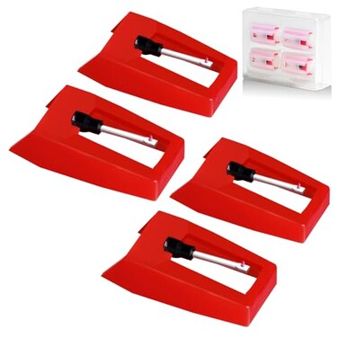 4 PCS Record Player Needle, JUKFITA Ruby Turnable Stylus Replacement for Most Victrola Crosley LP ION Vinyl Players Phonograph, Red