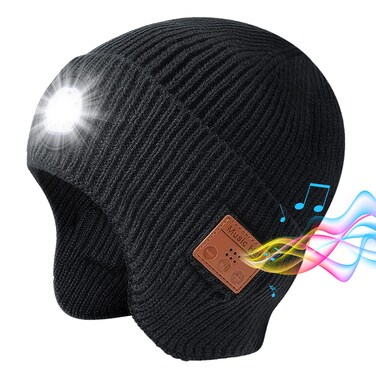 Mens Gifts Bluetooth Beanie with Light, Built-in Wireless Headphones &amp; Stereo Speakers - USB Rechargeable Bluetooth Hat   Cool Gadgets Stocking Stuffers Gifts for Men Women (Black, Adult)