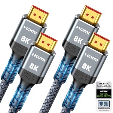 10K 8K HDMI 2.1 Cable 2-Pack 6.6FT, Highwings Certified 48Gbps Ultra High Speed Slim HDMI Cord,Support 4K@120Hz 8K@60Hz, HDCP 2.2&amp;2.3, Dynamic HDR,eARC,DTS:X, Compatible with Roku TV/HDTV/PS5/Blu-ray