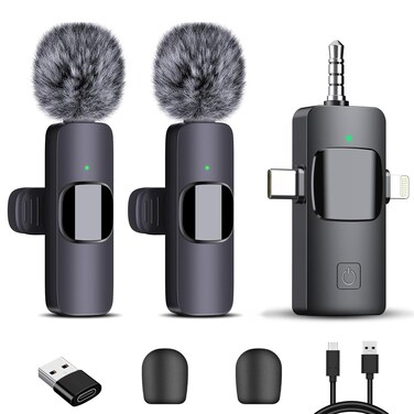 FUNIMUZI 4-in-1 Wireless Lavalier Microphone, Dual Wireless Microphone for iPhone/Android/Camera/PC, 82FT Noise Reduction Mini Mic, Lapel Micro Wireless for Video Recording, YouTube, TikTok