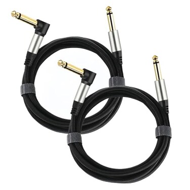 Adoerpai 2-Pack Guitar Cables 1/4 Inch 6.35mm Male to Male Jack Right Angle to Straight Nylon Braided TS Mono Instrument Cable (6.6FT)