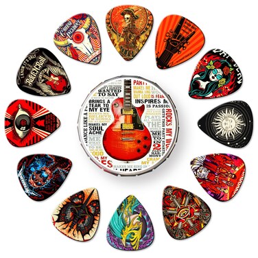 Guitar Picks 24 Pack Thin, Medium, Heavy &amp; Extra Heavy Picks with Tin Box,Variety Pack Artistic Celluloid Guitar Pick for Bass Electric Guitar Acoustic Guitar Lovers Gift (Mix-2)