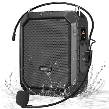 SHIDU Voice Amplifier for Teacher with Portable Microphone and Speaker, 18W Megaphone with Wired Mic Headset, IPX5 Waterproof &amp; Rechargeable Bluetooth Speaker Systems for Tour Guide, Speech, Meeting