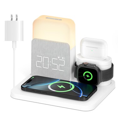 Alarm Clock with Wireless Charger for Bedrooms, 7 in 1 Wireless Charging Station, Mag-Safe Charger with Night Light Bedside Clock for iPhone 16 15 14 13 12 Pro Max, Apple Watch, AirPods