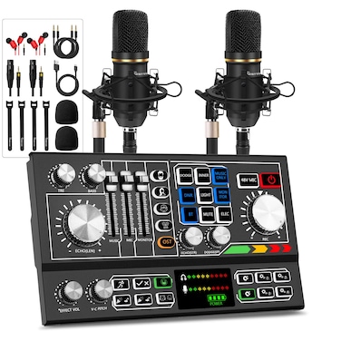 Podcast Equipment Bundle for 2, Audio Mixer with Condenser Microphone and 48V Phantom Power Supply Audio Interface for Live Stream Record Game