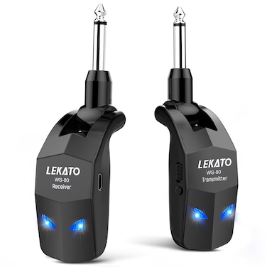 LEKATO 2.4GHz Wireless Guitar System for Bass &amp; Guitar Digital Wireless Guitar Transmitter Receiver with 4 Channels Rechargeable Guitar System Cordless Electric Guitar Cable for Electric Instruments