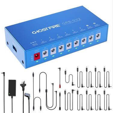 GHOST FIRE Pedal Power Supply with 8 DC Outputs [TRUELY ISOLATED] for 9V/12V/15V/18V Effect Pedal+5V USB for Phone with Separate Short-Circuit Protection