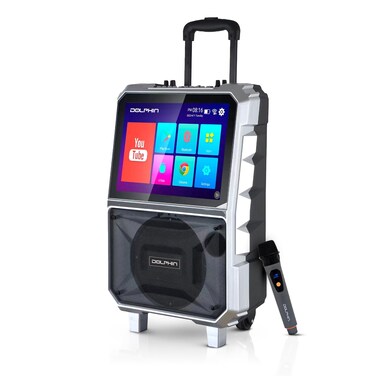 Dolphin KaraokeBox 85R Portable Karaoke Machine   14" Tablet, Voice Modulation, HDMI, Bluetooth, USB, SD, FM   Rechargeable, 8" 100 Watts, Trolley Handle &amp; Wheels