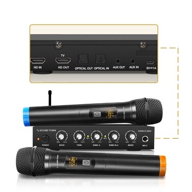 Sound Town Wireless Microphone Karaoke Mixer System with HD Audio Return Channel, Optical (Toslink), AUX, Supports Smart TV, Media Box, PC, Bluetooth, Soundbar, Receiver (SWM16-MAX)