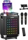 MASINGO Karaoke Machine for Adults and Kids with 2 Bluetooth Wireless Microphones. Portable Singing PA Speaker System with Disco Ball Party Lights, Lyrics Display Tablet Holder &amp; TV Cable. Soprano X1