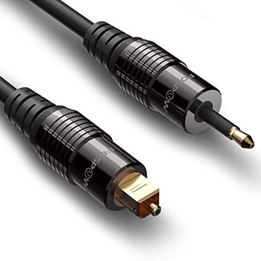 FosPower 24K Gold Plated Toslink to Mini Toslink Digital Optical S/PDIF Audio Cable with Metal Connectors &amp; Strain-Relief PVC Jacket - 3ft