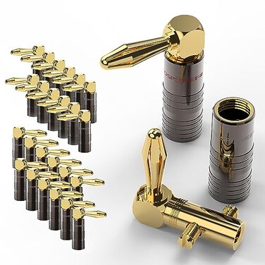 FosPower Right Angle Banana Plugs (12 Pairs / 24 pcs), Closed Screw 24K Gold Plated Banana Speaker Plug Connectors for Speaker Wire, Wall Plate, Home Theater, Audio/Video Receiver, and Sound Systems