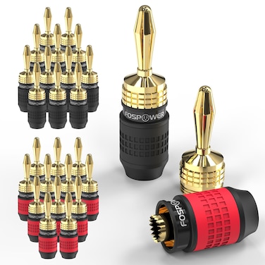 FosPower Deadbolt Banana Plugs 12 Pairs / 24 pcs, Screwless Type 24k Gold Plated Banana Speaker Plug Connectors for Speaker Wire, Home Theater, Audio/Video Receiver and Sound Systems