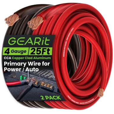 GearIT, 4 Gauge Wire, for Automotive Power/Ground, Battery Cable, Car Audio, RV, Amp, CCA Wire, Wire, Automotive Wire, Battery Cables, Amp Wiring Kit, (25 feet Each- Black/Red Translucent)