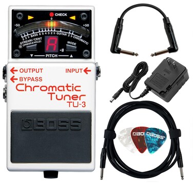 Boss TU-3 Chromatic Tuner Pedal Bundle with Power Supply, Instrument Cable, Patch Cable, and Picks