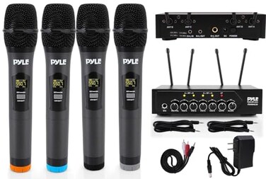 Pyle UHF Wireless Microphone System - PA Public Address Mic System with 4 Handheld Wireless Mics 50 Selectable UHF Channels, Bluetooth Music Streaming for Karaoke-Style Vocals, Battery-Operated