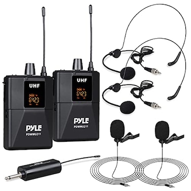 Pyle Dual UHF Microphone System - Portable Professional Cordless Microphone Set Wireless Mic Kit w/Headset / Lavalier Mic, Beltpack Transmitter, Receiver - Karaoke &amp; Conference - Pyle PDWMU211,Black
