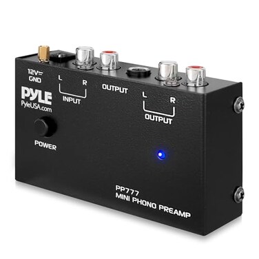 Pyle PP777 Phono Turntable Preamp Mini Electronic Audio Stereo Phonograph Preamplifier Input, RCA Output &amp; Low Noise Operation Powered by 12 Volt DC Adapter