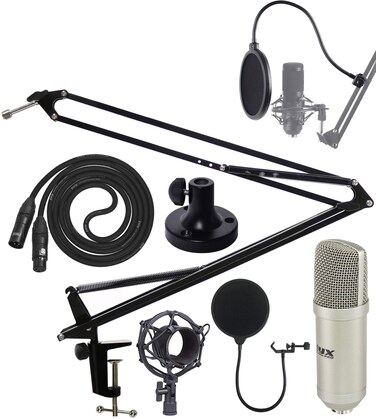 LyxPro Condenser Microphone Kit and Adjustable Mic Boom Arm w/Swivel Mount Clip &amp; Desk Attachment Clamp for Streaming, Voice Over, Project, Home-Studio, Gaming and Online Chatting