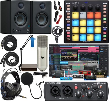 PreSonus AudioBox 96 Audio Interface Full Studio Bundle Includes Software Kit, ATOM MIDI Pad Controller, Eris 4.5 BT Pair Bluetooth Monitors, and Adjustable Suspension Boom Arm