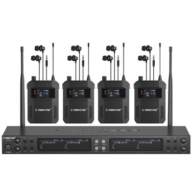 Phenyx Pro Quad-Channel Wireless in Ear Monitor System, Mono IEM System w/ 4 Bodypacks, 4x25 UHF Frequencies, Rack Mount, 164 ft Range, Wireless in Ear Monitor for Bands/Studio (PTM-33-4B)