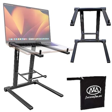 AxcessAbles DJ Laptop Stand with Travel Bag   Musician's Portable Laptop Stand Foldable  Aluminum Folding Laptop Stand for MacBook, Computer DJ   MacBook Stand   No Assembly Required (Black)