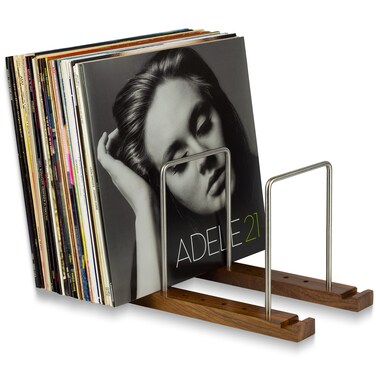 Durable Vinyl Record Storage Holder for 75 LPs, Solid Walnut Vinyl Record Stand with Built-in Now Playing Display, Sleek Vinyl Record Holder &amp; Display for Albums